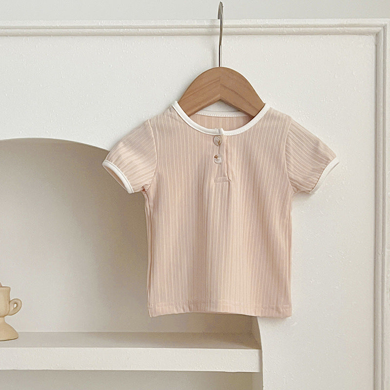 Summer New Arrival Baby Unisex Crew Neck Short Sleeves in pink, beige, and brown colors, designed for comfort and style.