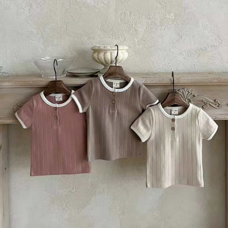 Summer New Arrival Baby Unisex Crew Neck Short Sleeves in pink, beige, and brown colors, designed for comfort and style.