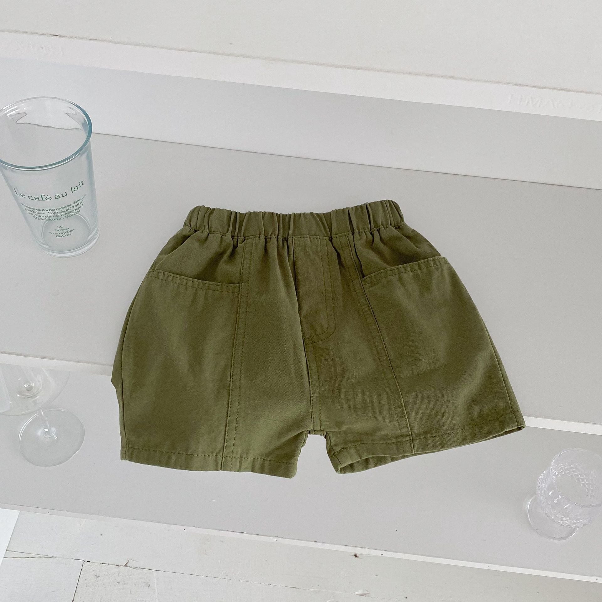 Boys versatile casual solid color utility shorts in green and khaki, made from 95% cotton, perfect for summer wear.