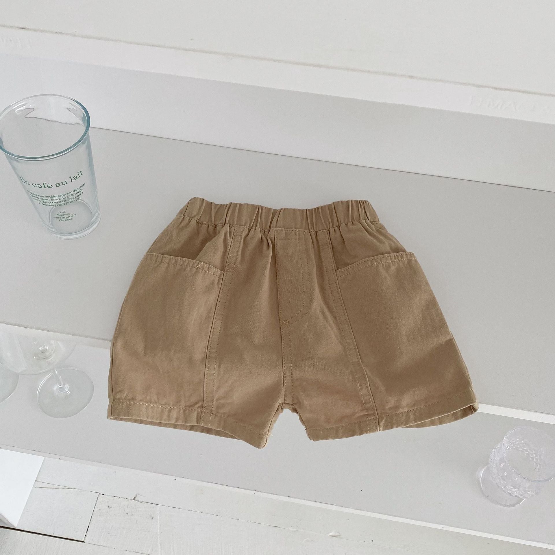 Boys versatile casual solid color utility shorts in green and khaki, made from 95% cotton, perfect for summer wear.