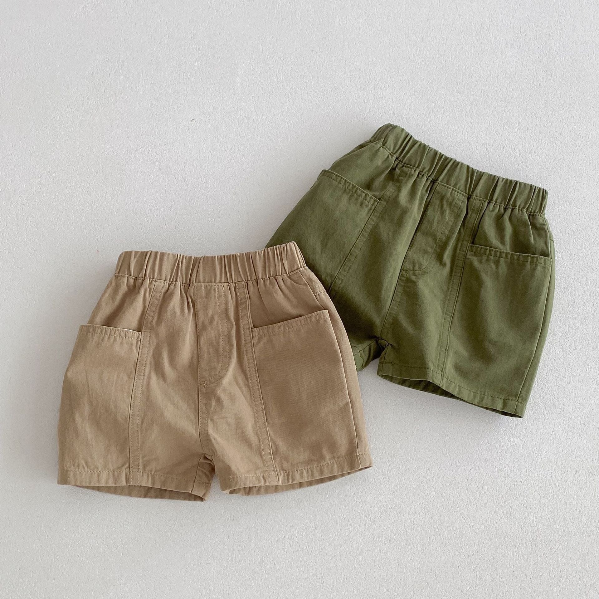 Boys versatile casual solid color utility shorts in green and khaki, made from 95% cotton, perfect for summer wear.