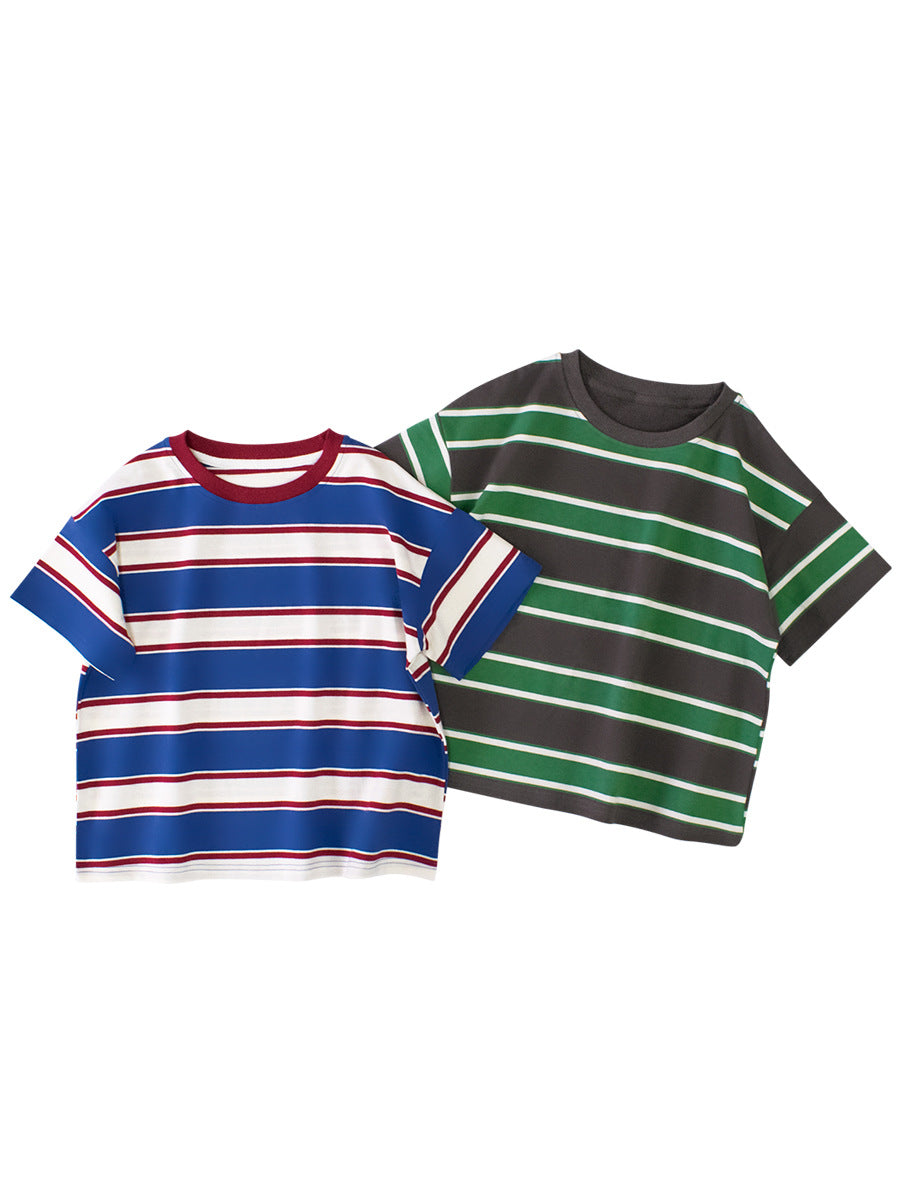 Children's vintage striped loose clothing in blue and green colors, perfect for summer wear.