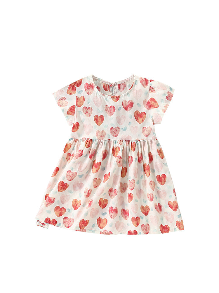 A vibrant red summer dress for girls featuring a cute heart pattern, perfect for warm weather and playful occasions.