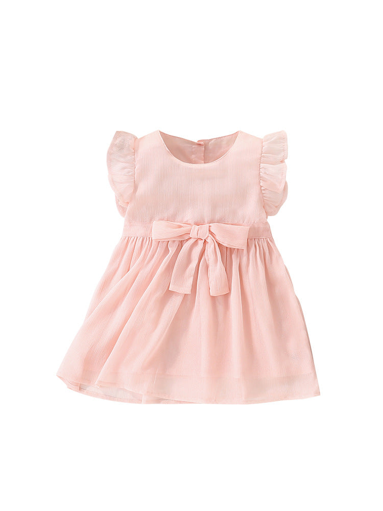 A cute pink short-sleeve top for girls featuring a bow tie detail, made from soft cotton, perfect for summer wear.