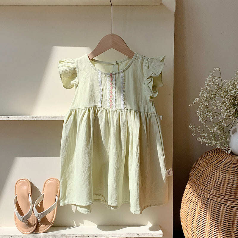 A stylish summer dress for girls featuring fly sleeves and a lace pattern, available in pink and green colors.