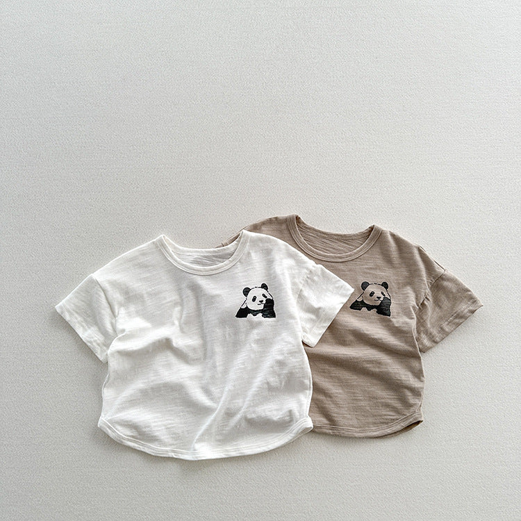 A soft cotton short-sleeve shirt for kids featuring a cute panda design, available in white and grey colors.