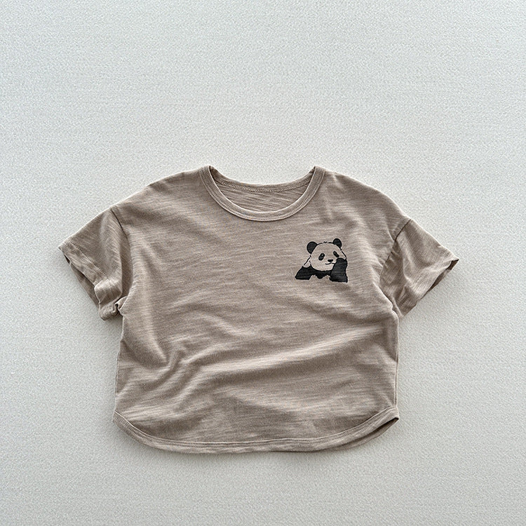 A soft cotton short-sleeve shirt for kids featuring a cute panda design, available in white and grey colors.