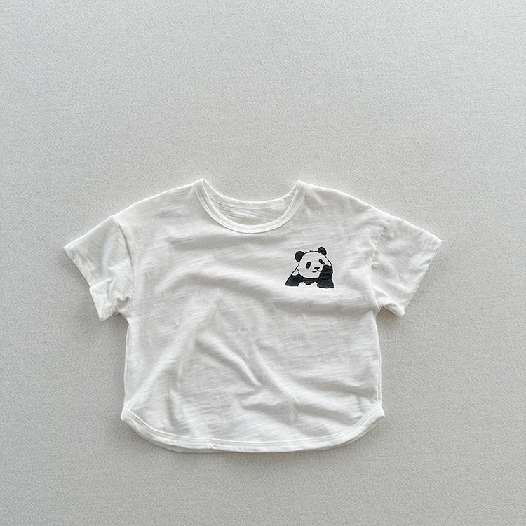 A soft cotton short-sleeve shirt for kids featuring a cute panda design, available in white and grey colors.