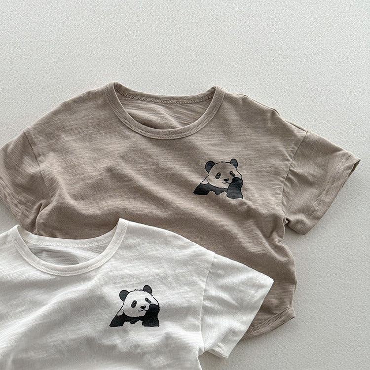 A soft cotton short-sleeve shirt for kids featuring a cute panda design, available in white and grey colors.