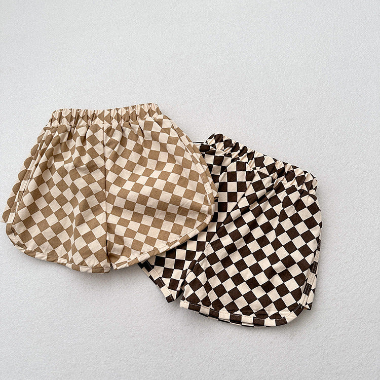 Unisex cotton shorts featuring an argyle geometric pattern in khaki and coffee colors, perfect for summer wear for kids.