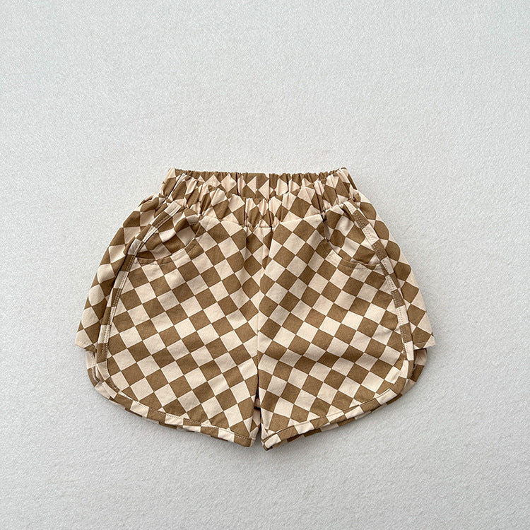 Unisex cotton shorts featuring an argyle geometric pattern in khaki and coffee colors, perfect for summer wear for kids.