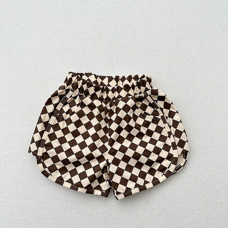 Unisex cotton shorts featuring an argyle geometric pattern in khaki and coffee colors, perfect for summer wear for kids.