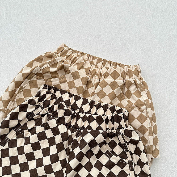 Unisex cotton shorts featuring an argyle geometric pattern in khaki and coffee colors, perfect for summer wear for kids.