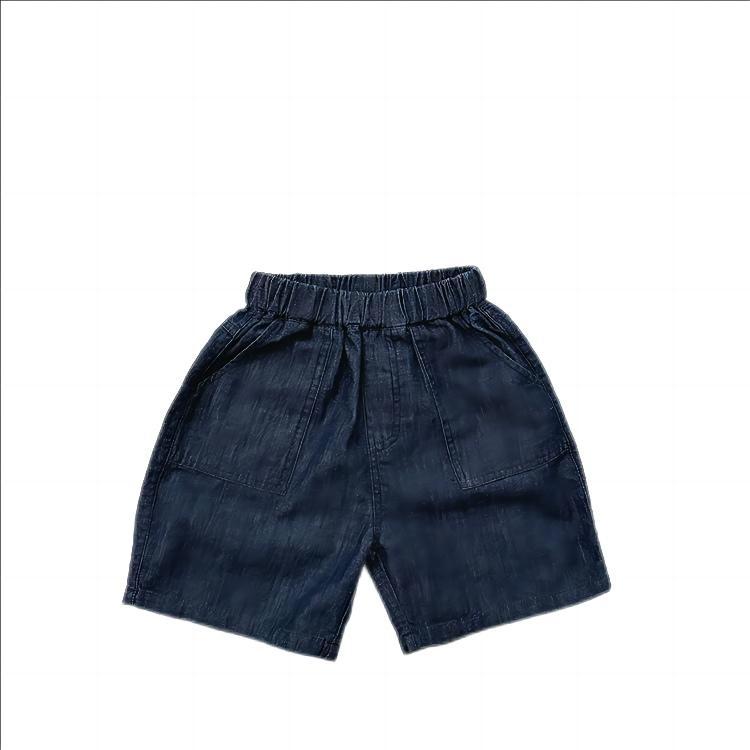 Unisex dark blue denim shorts for kids, made from soft cotton denim, perfect for summer wear.