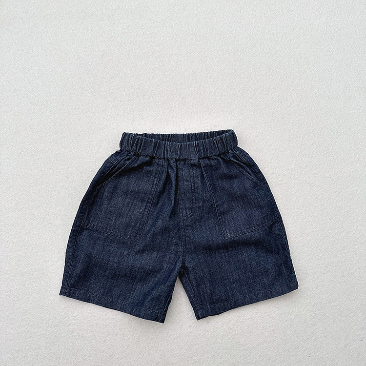 Unisex dark blue denim shorts for kids, made from soft cotton denim, perfect for summer wear.