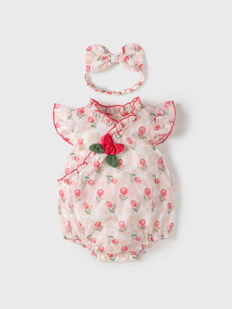 A vibrant red dress for baby girls featuring a floral rose pattern and fly sleeves, perfect for summer wear.