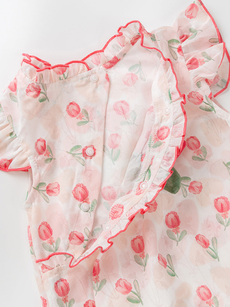 A vibrant red dress for baby girls featuring a floral rose pattern and fly sleeves, perfect for summer wear.