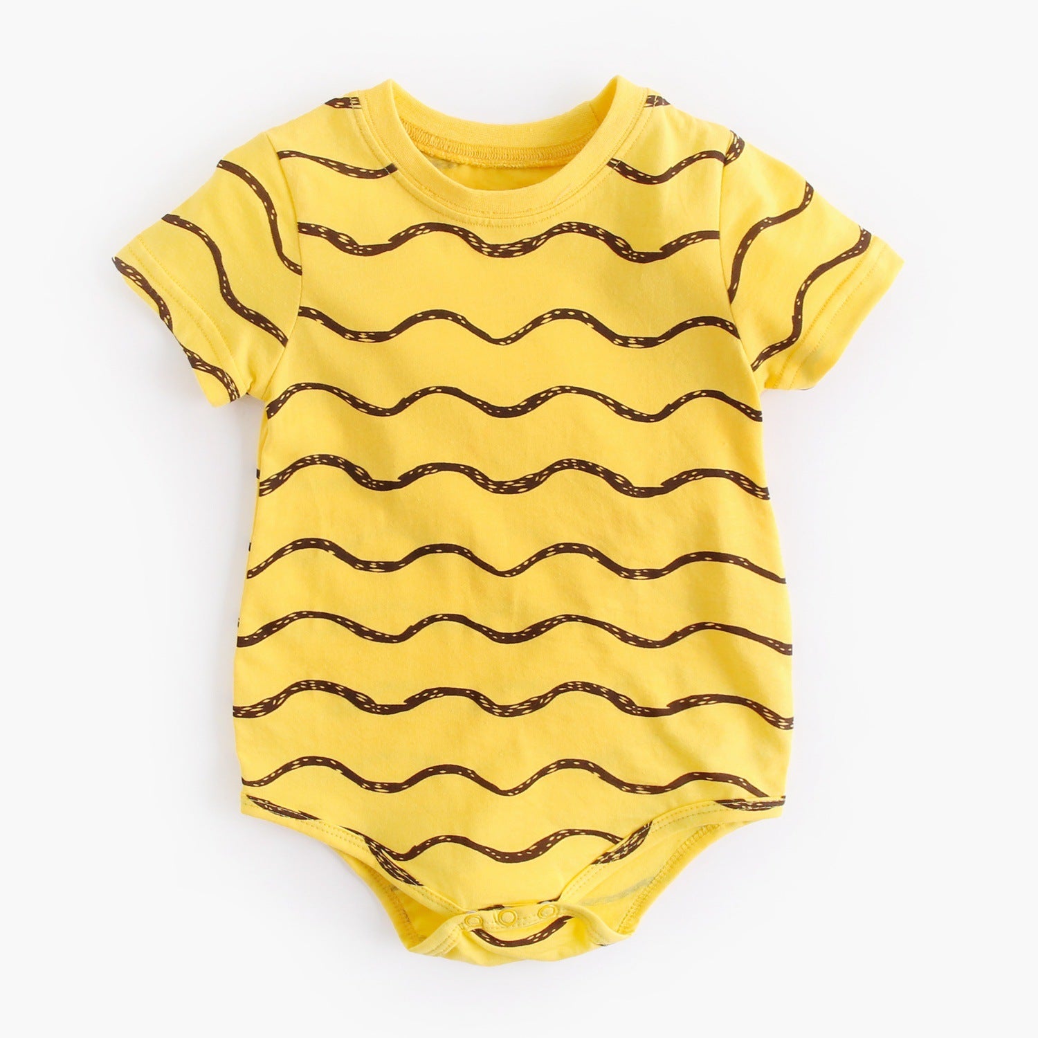 A stylish baby unisex short sleeve crew neck shirt featuring a geometric print in white and yellow colors, perfect for summer wear.