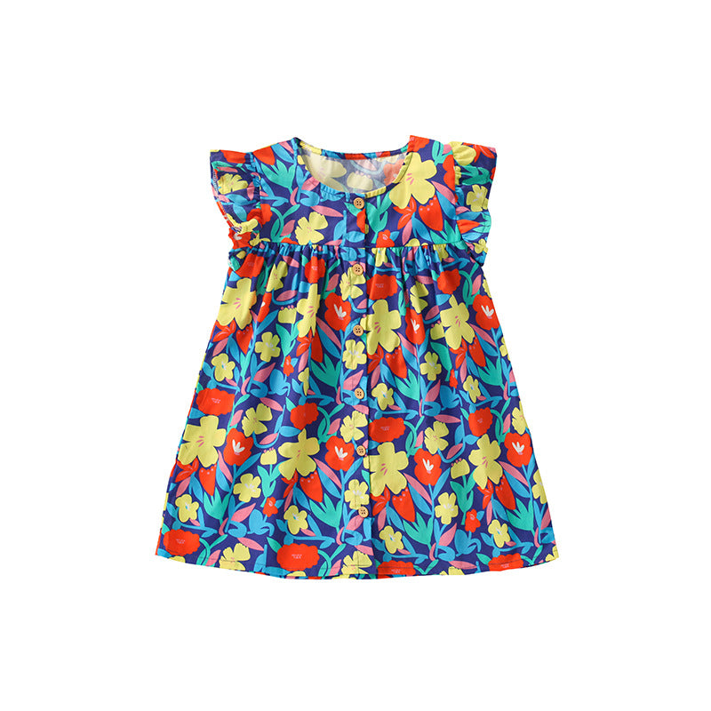 A stylish summer dress for girls featuring a colorful floral pattern and single-breasted fly design in navy blue.