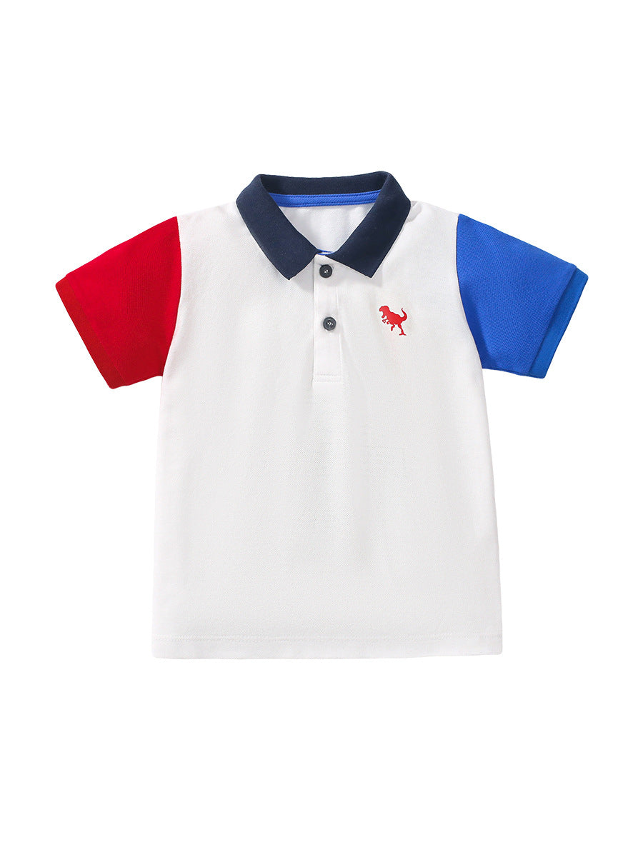 White short-sleeve t-shirt for boys featuring a playful dinosaur logo, made from soft cotton, perfect for summer wear.