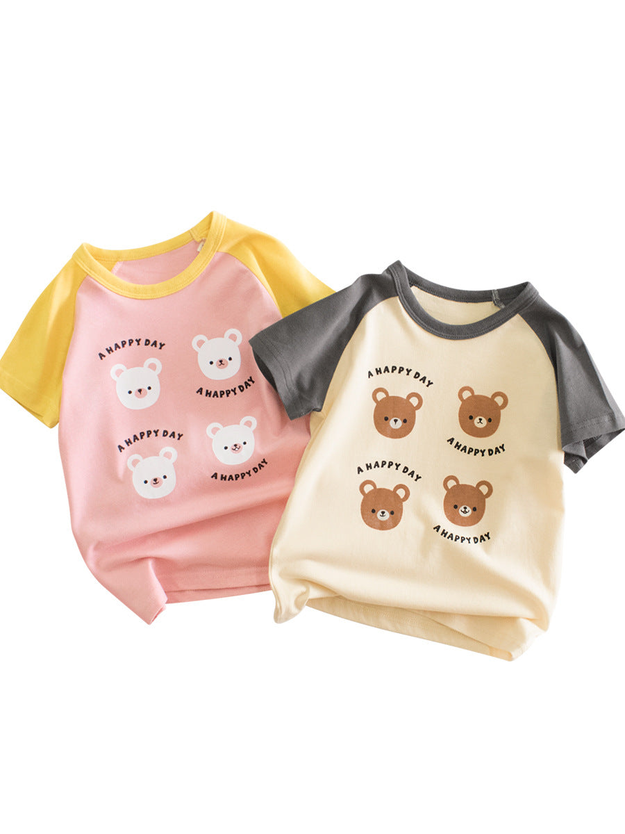 Summer Teddy Bear Cartoon Print Color Patchwork Girls’ T-Shirt in pink and beige, made from soft cotton, perfect for toddlers and young girls.