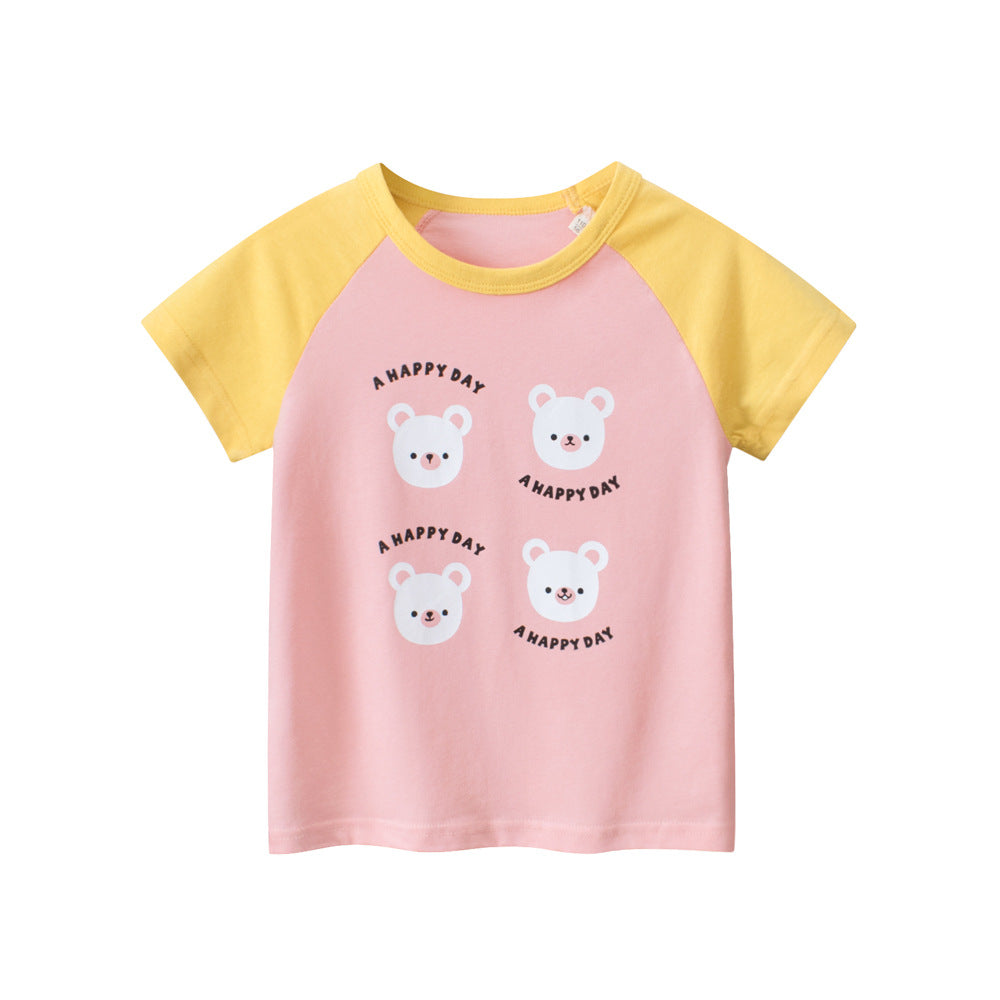 Summer Teddy Bear Cartoon Print Color Patchwork Girls’ T-Shirt in pink and beige, made from soft cotton, perfect for toddlers and young girls.