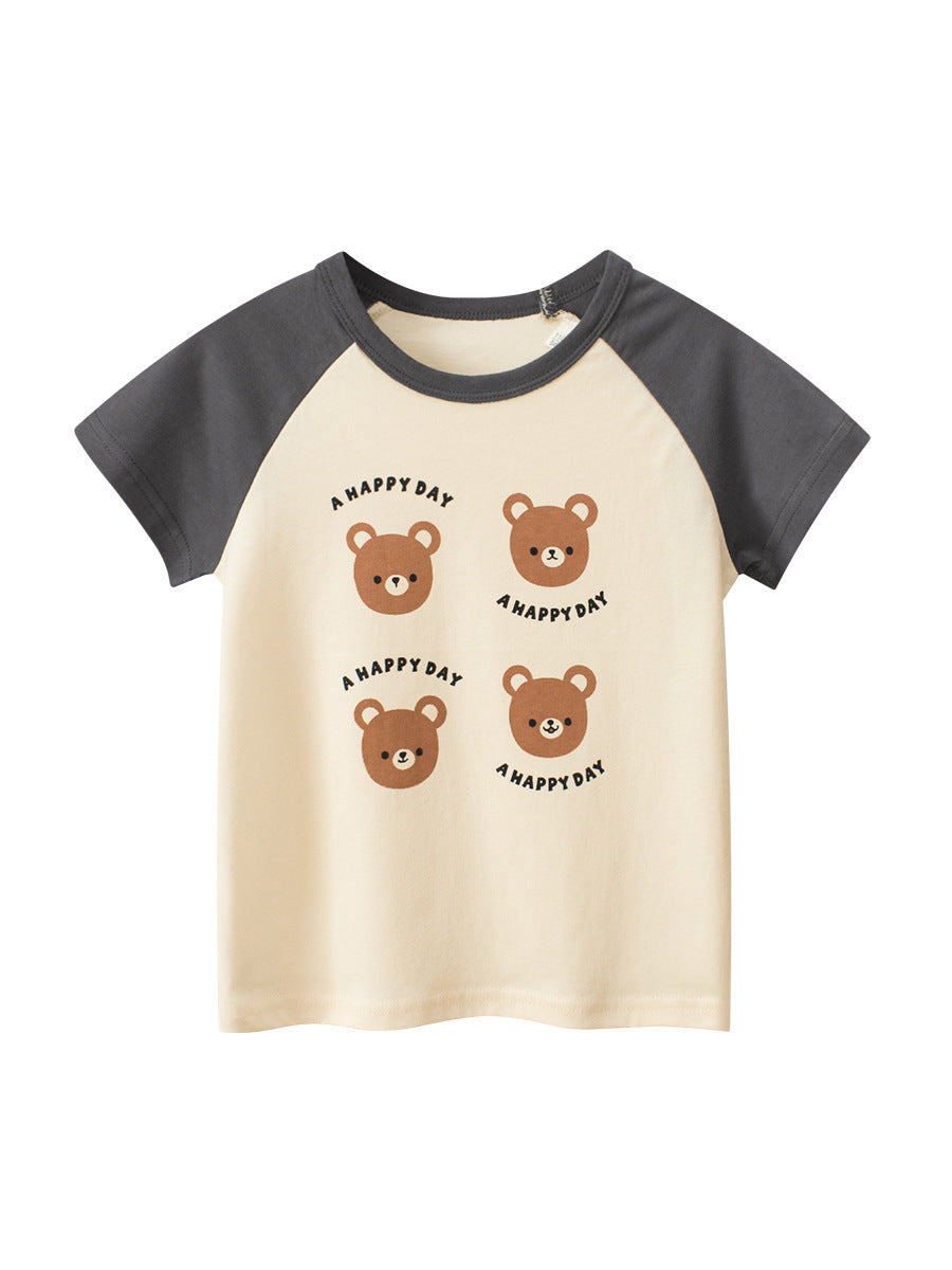 Summer Teddy Bear Cartoon Print Color Patchwork Girls’ T-Shirt in pink and beige, made from soft cotton, perfect for toddlers and young girls.