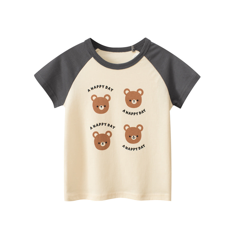 Summer Teddy Bear Cartoon Print Color Patchwork Girls’ T-Shirt in pink and beige, made from soft cotton, perfect for toddlers and young girls.