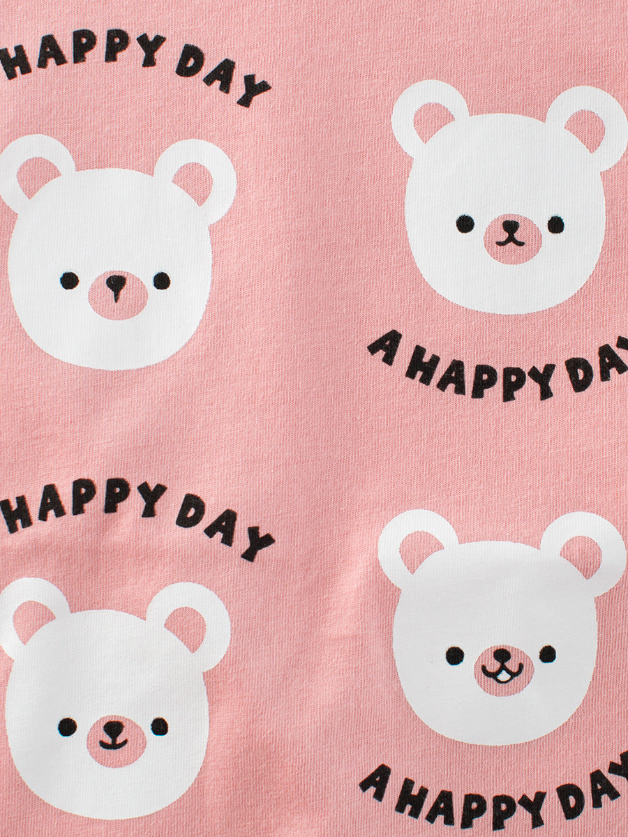 Summer Teddy Bear Cartoon Print Color Patchwork Girls’ T-Shirt in pink and beige, made from soft cotton, perfect for toddlers and young girls.