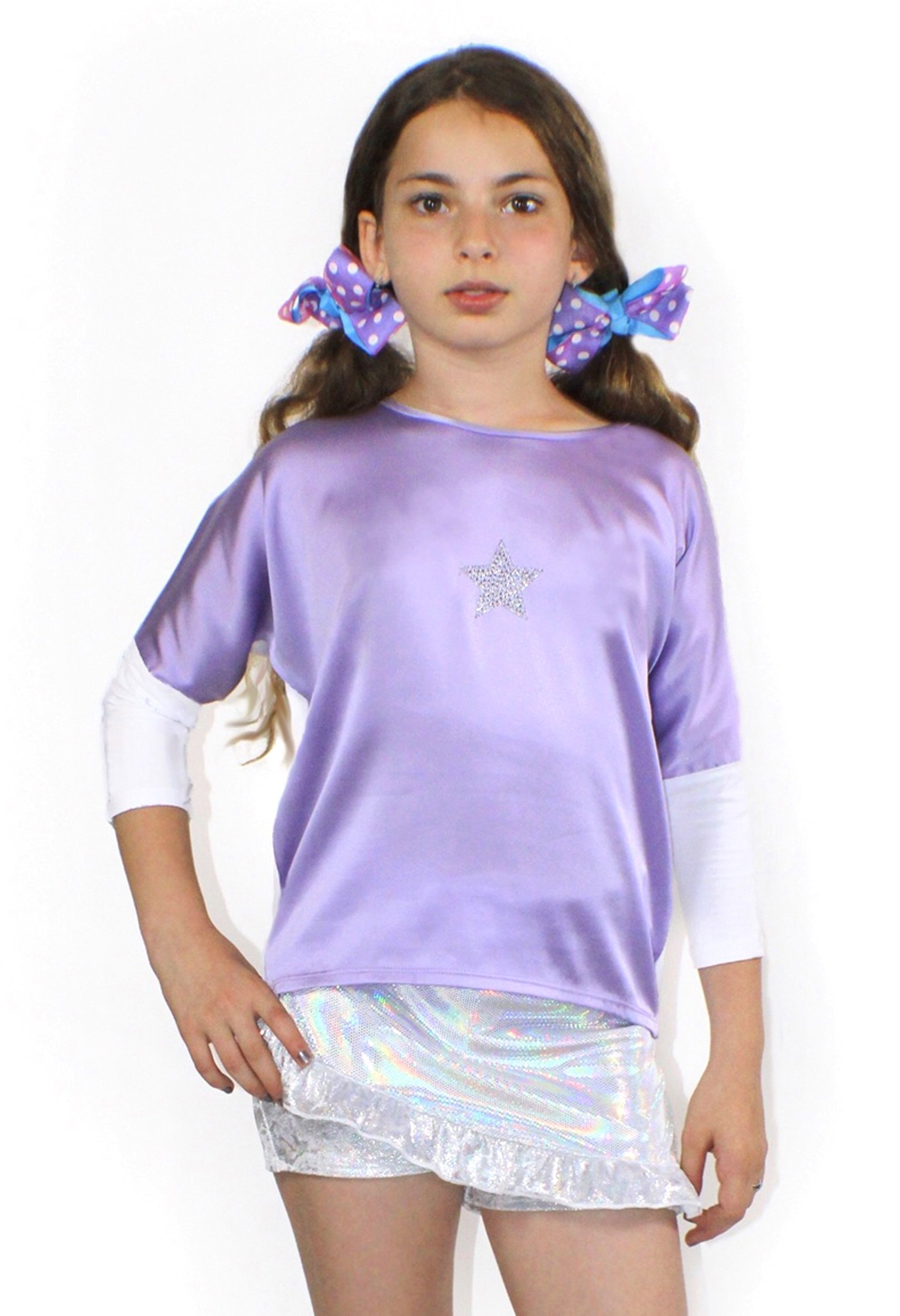 SuperNova silk bat sleeve blouse in lilac with rhinestone star embellishment, showcasing its elegant design and luxurious fabric.