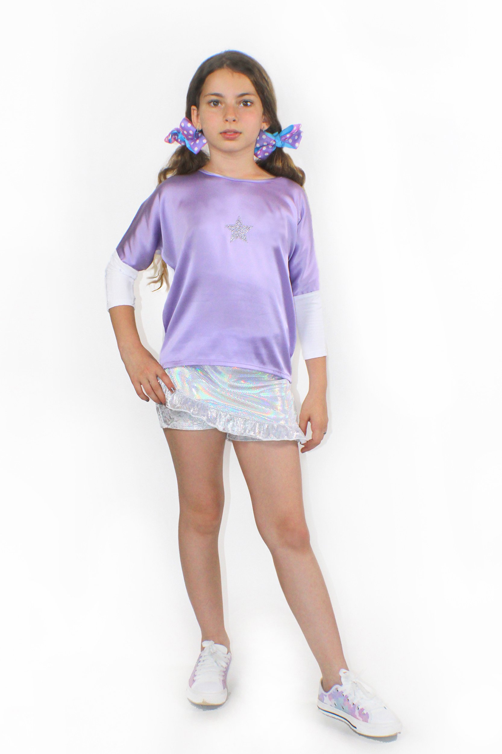 SuperNova silk bat sleeve blouse in lilac with rhinestone star embellishment, showcasing its elegant design and luxurious fabric.