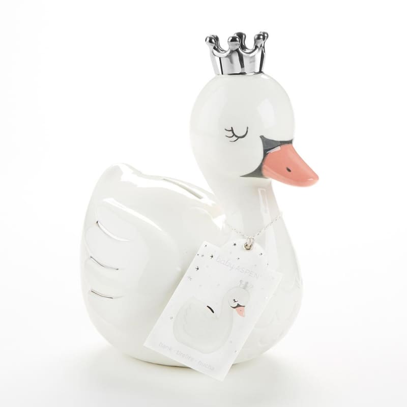 Swan Princess Porcelain Bank featuring a white swan design with silver foil details and a crown, perfect for nursery decor.