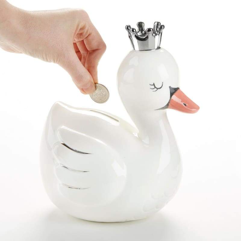 Swan Princess Porcelain Bank featuring a white swan design with silver foil details and a crown, perfect for nursery decor.