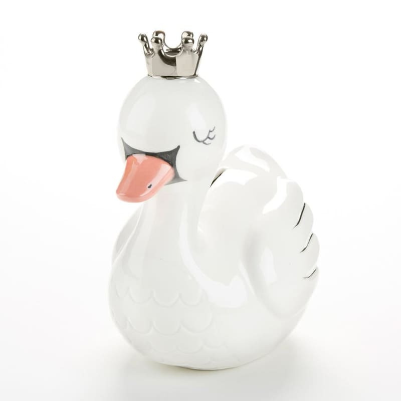 Swan Princess Porcelain Bank featuring a white swan design with silver foil details and a crown, perfect for nursery decor.