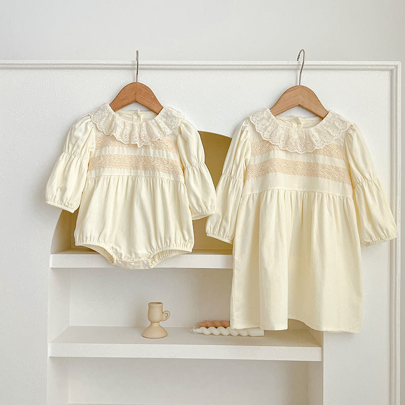 Sweet Style Mesh Collar Onesies & Dress in white and beige, featuring a stylish mesh collar, perfect for summer wear.