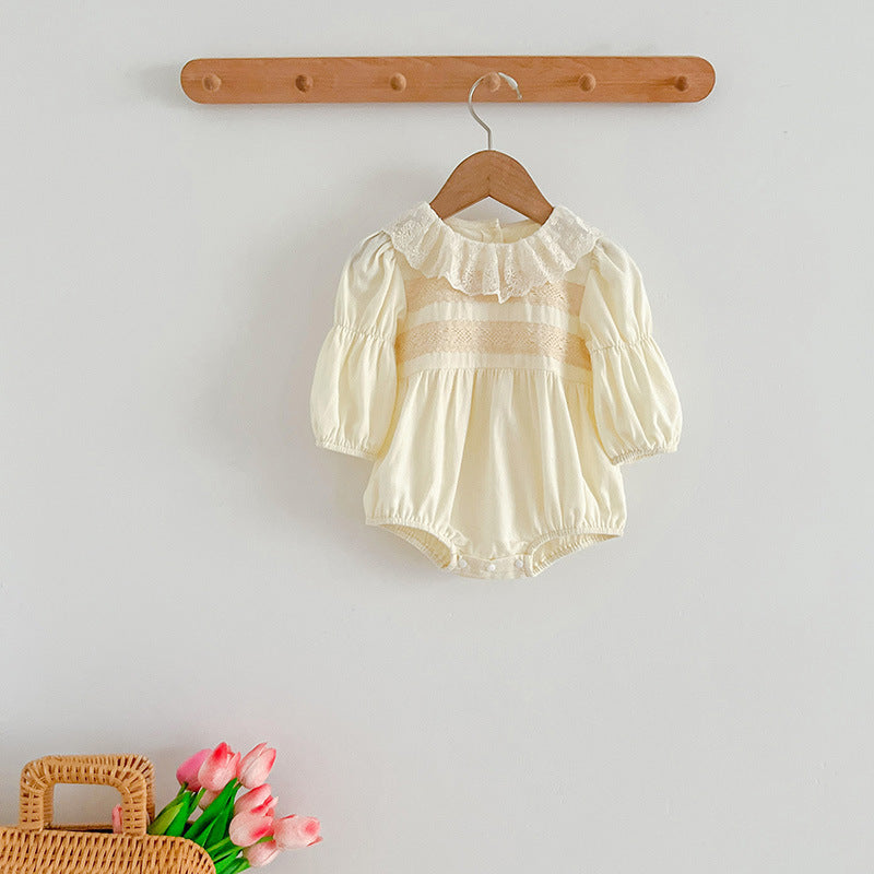 Sweet Style Mesh Collar Onesies & Dress in white and beige, featuring a stylish mesh collar, perfect for summer wear.