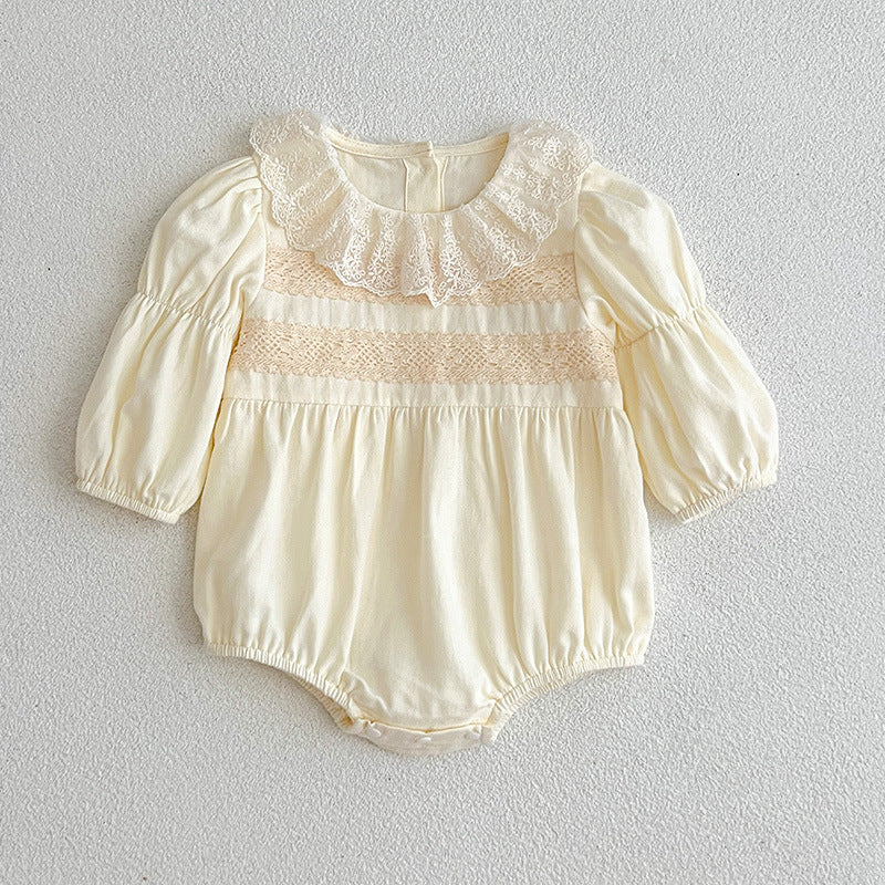 Sweet Style Mesh Collar Onesies & Dress in white and beige, featuring a stylish mesh collar, perfect for summer wear.