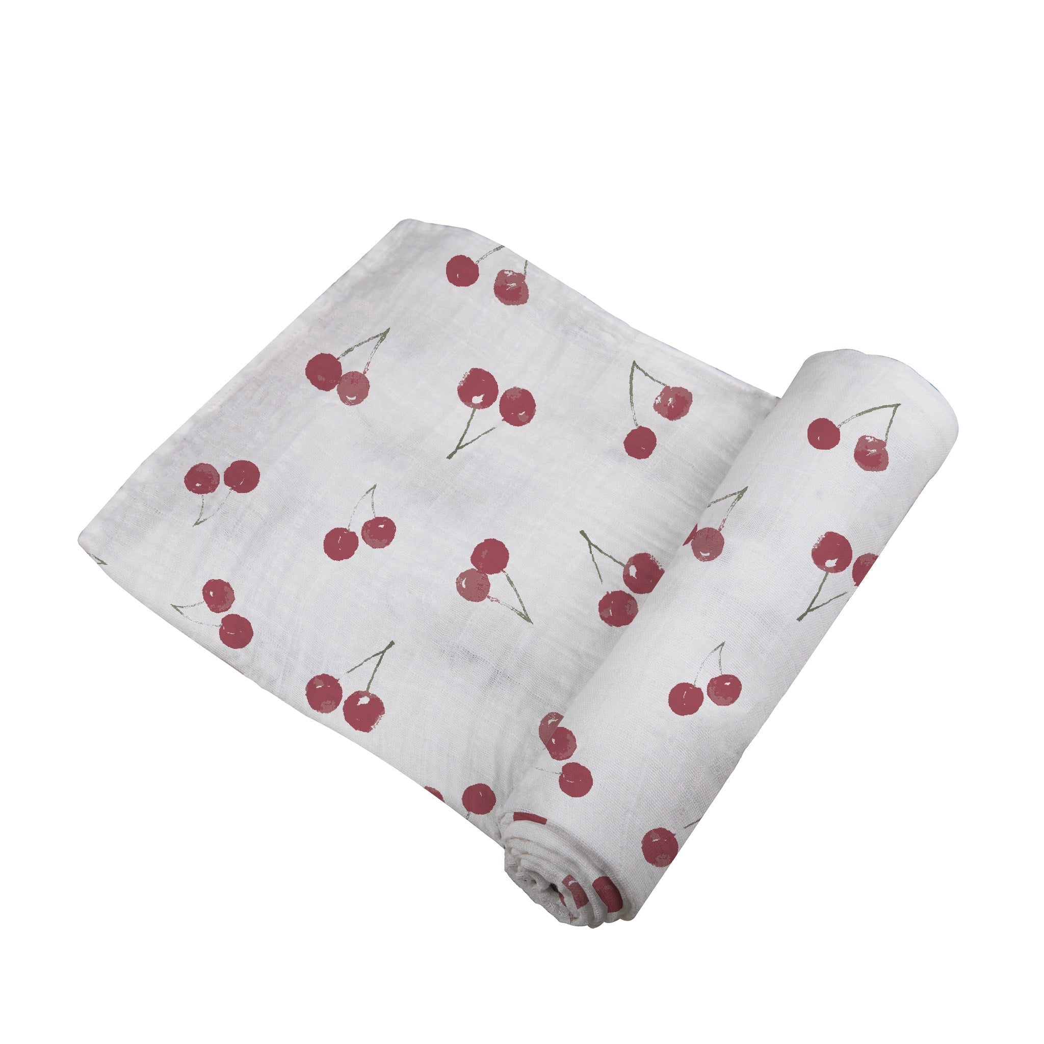 Sweetheart Cherry Bamboo Swaddle featuring a soft cherry pattern, made from breathable natural bamboo muslin, perfect for swaddling and multi-use.