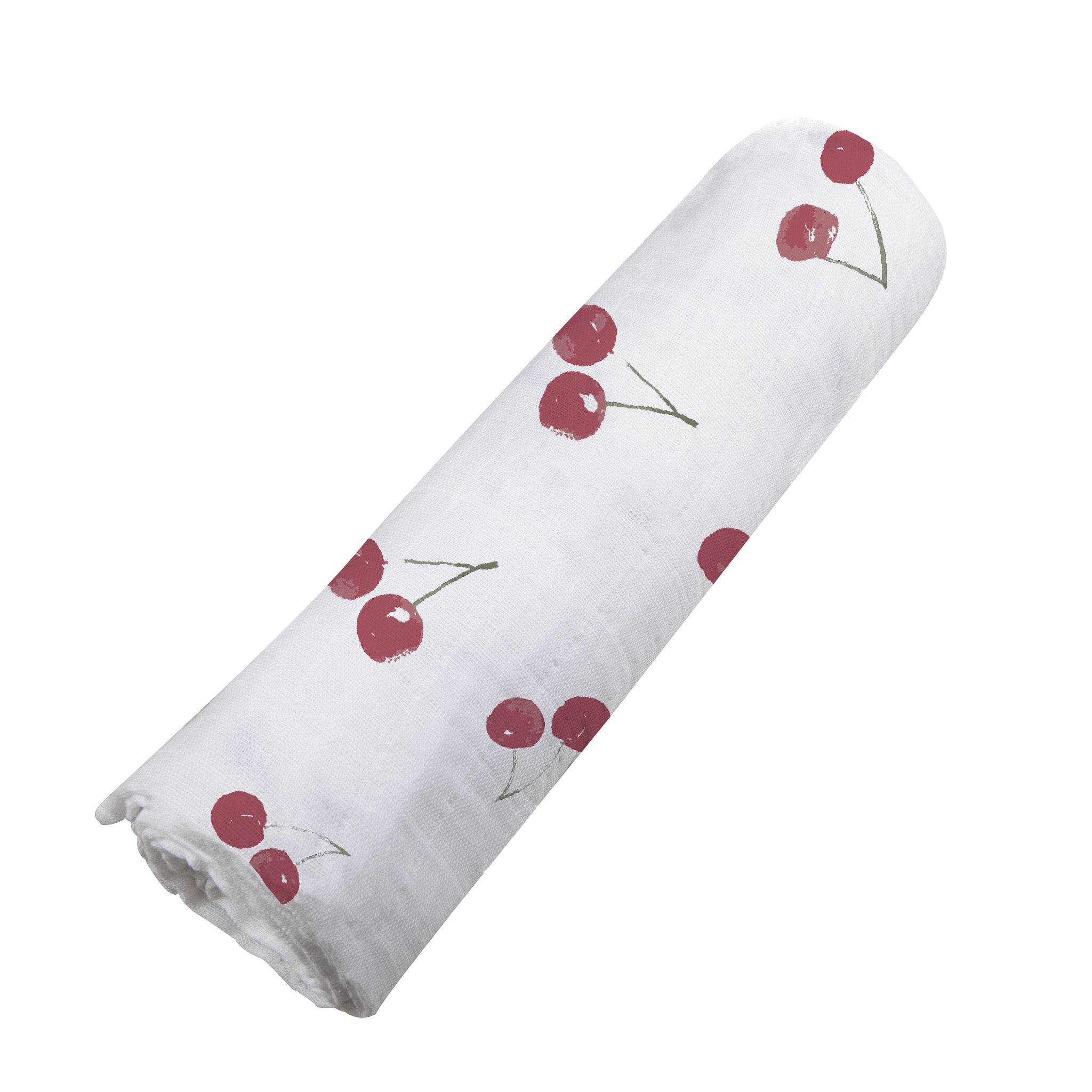 Sweetheart Cherry Bamboo Swaddle featuring a soft cherry pattern, made from breathable natural bamboo muslin, perfect for swaddling and multi-use.