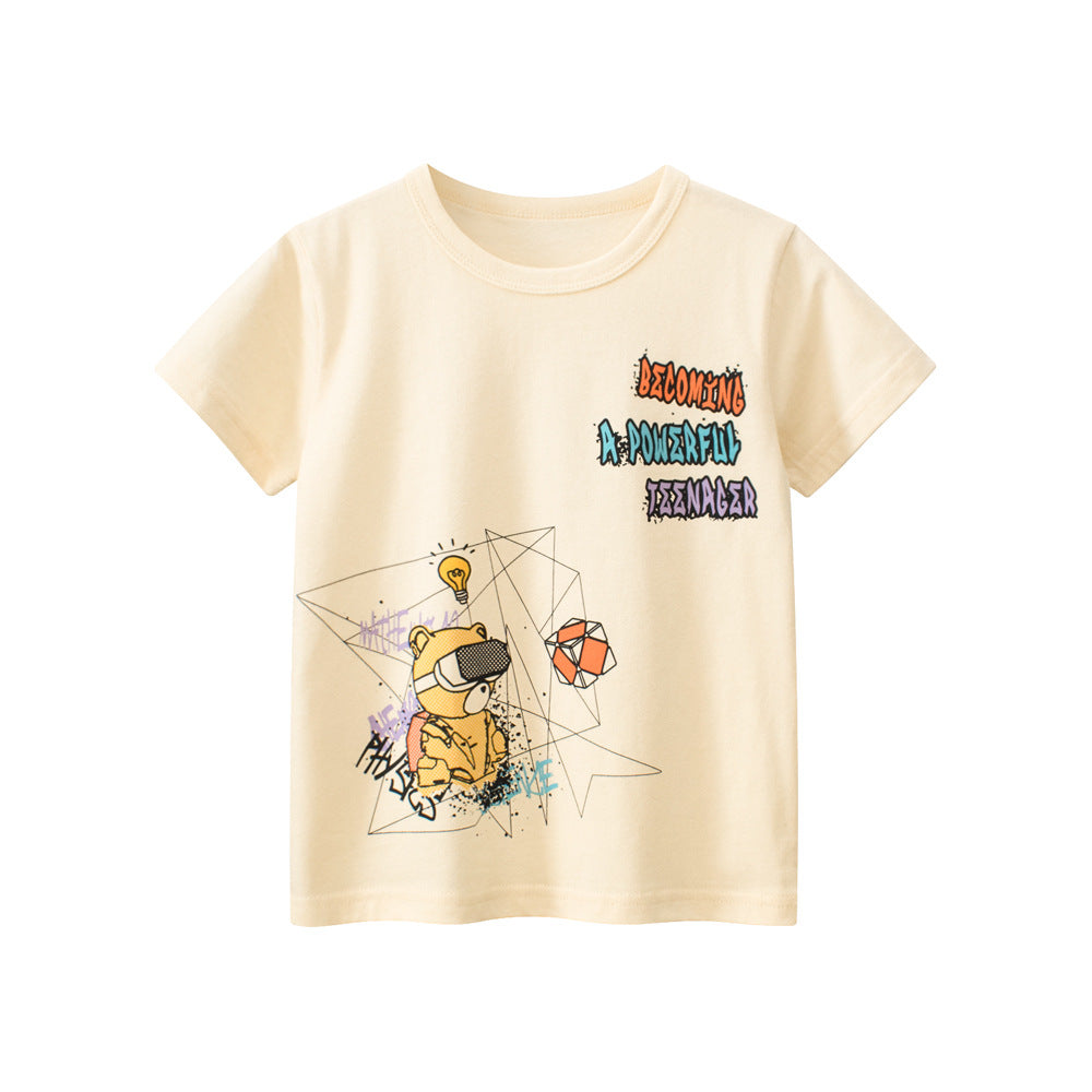 Teddy Bear Cartoon Print Girls’ T-Shirt in apricot color, made of soft cotton, perfect for summer wear.