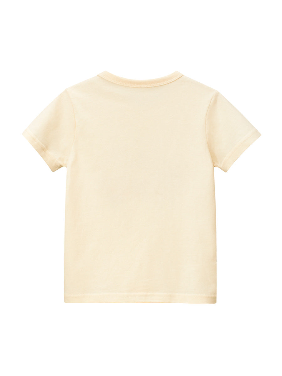 Teddy Bear Cartoon Print Girls’ T-Shirt in apricot color, made of soft cotton, perfect for summer wear.