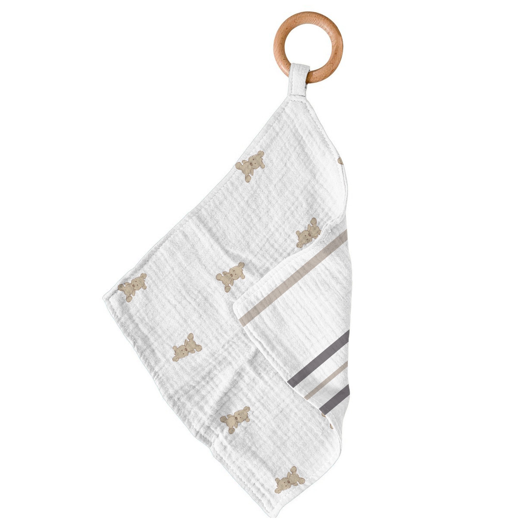 Teddy Bear & Grey Stripe Blankie Teether featuring a soft cotton blankie and a removable beach wood ring for teething relief.