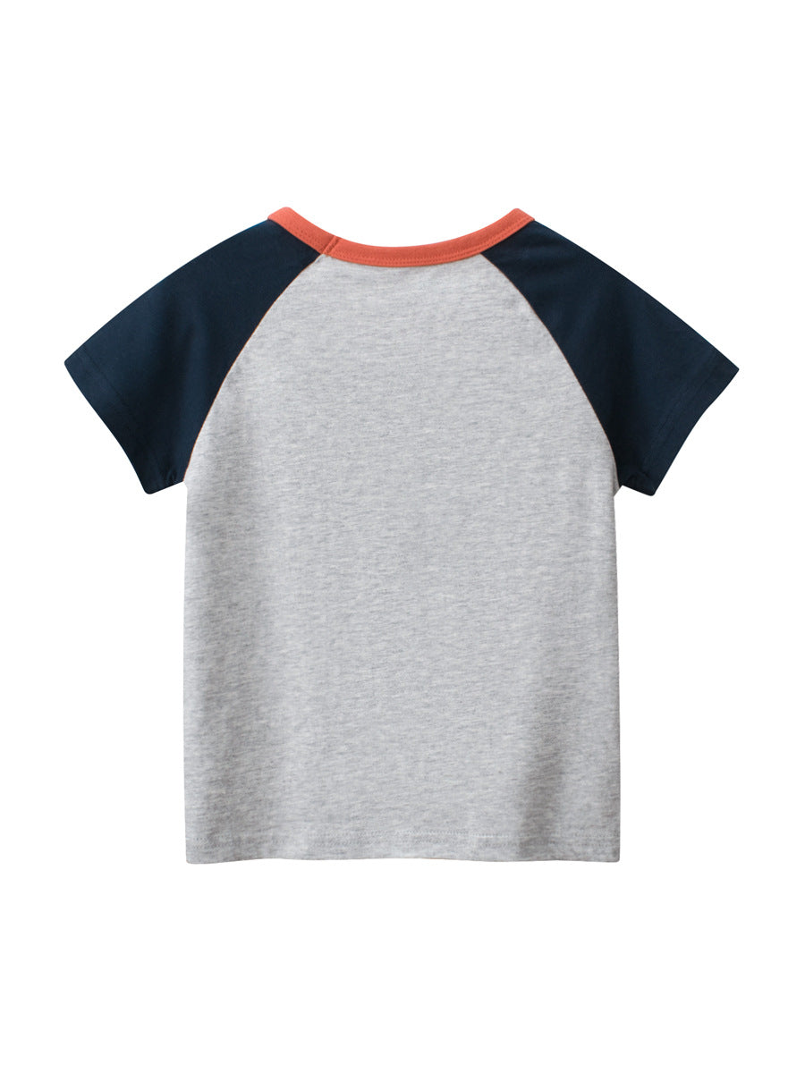 A grey girls' t-shirt featuring a cute teddy bear logo, made from soft cotton, perfect for summer wear.