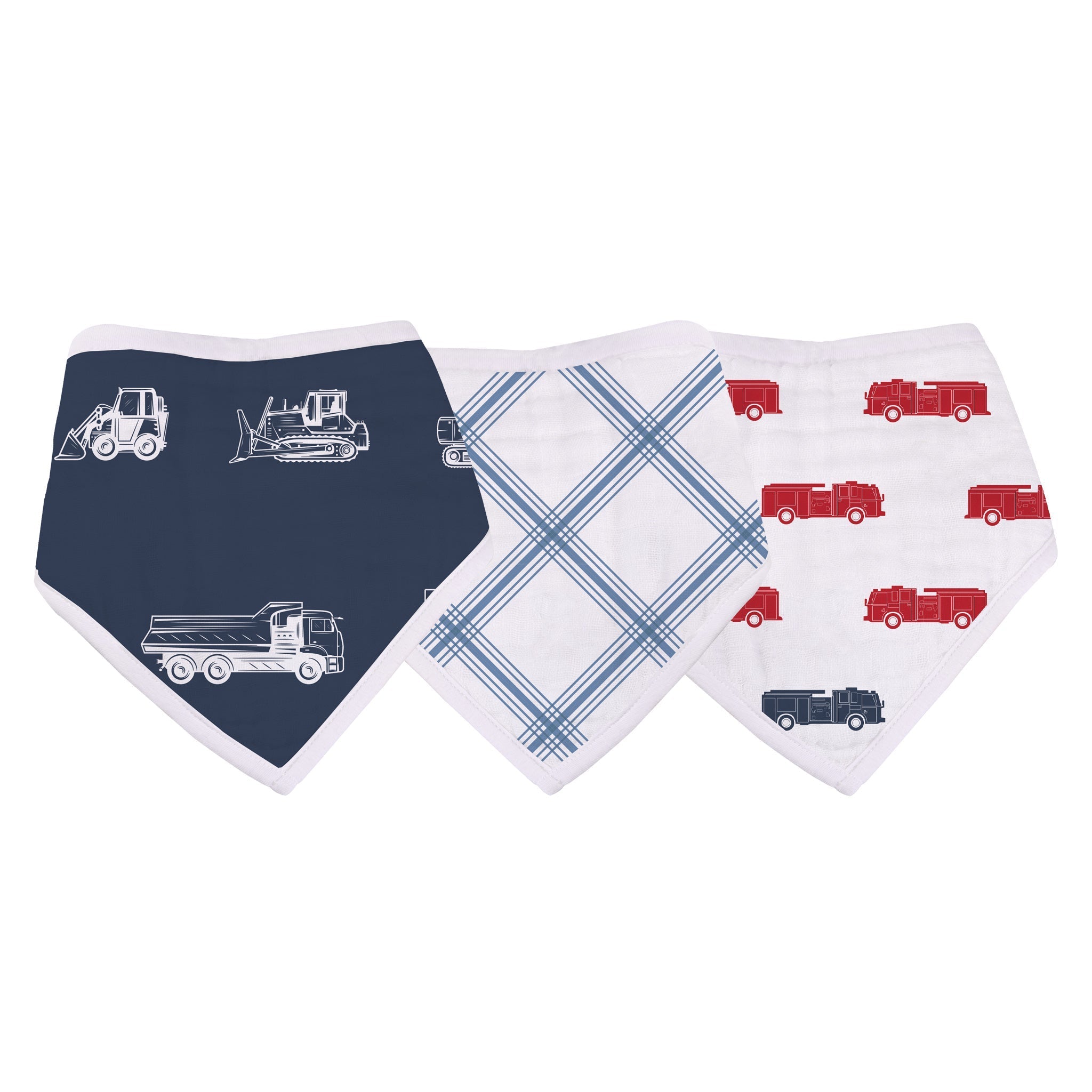 Things That Go Bandana Bibs made of soft cotton muslin, featuring a trendy design with two snap closures.