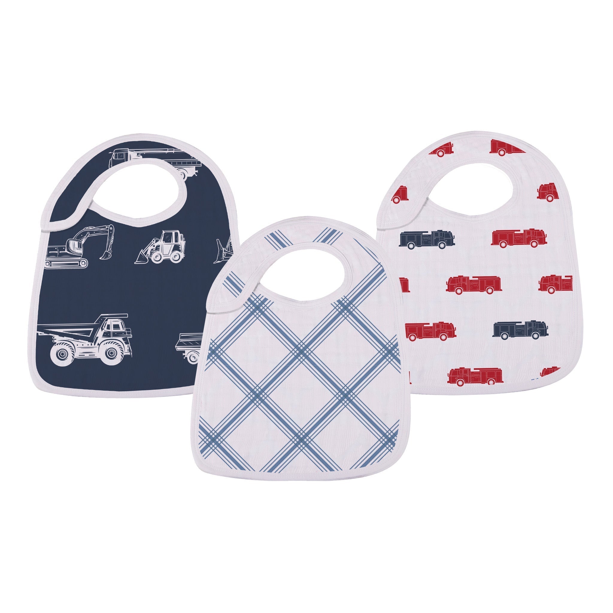 A pack of three stylish Things That Go Snap Bibs made from soft cotton muslin, featuring multiple snaps for adjustable fit.