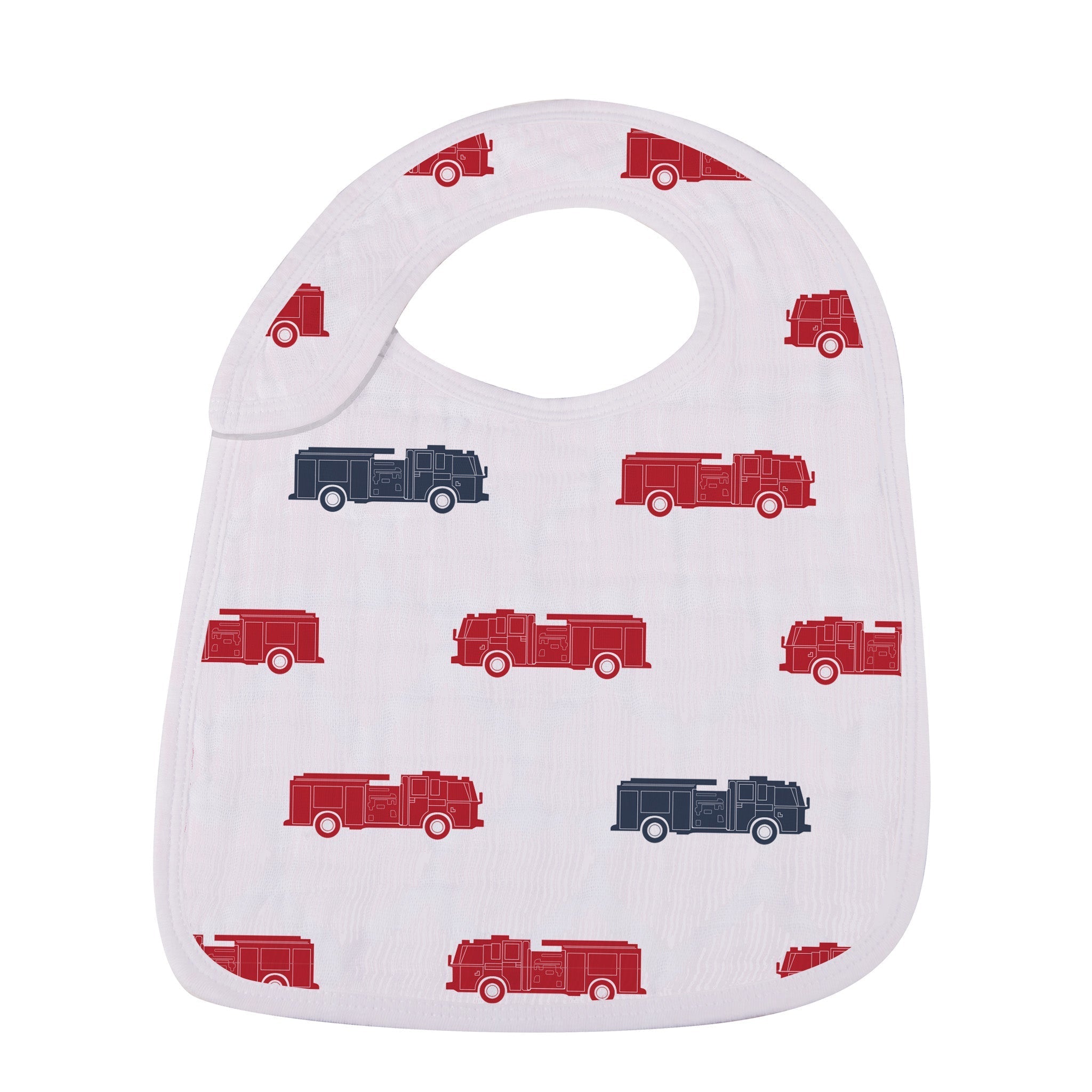 A pack of three stylish Things That Go Snap Bibs made from soft cotton muslin, featuring multiple snaps for adjustable fit.