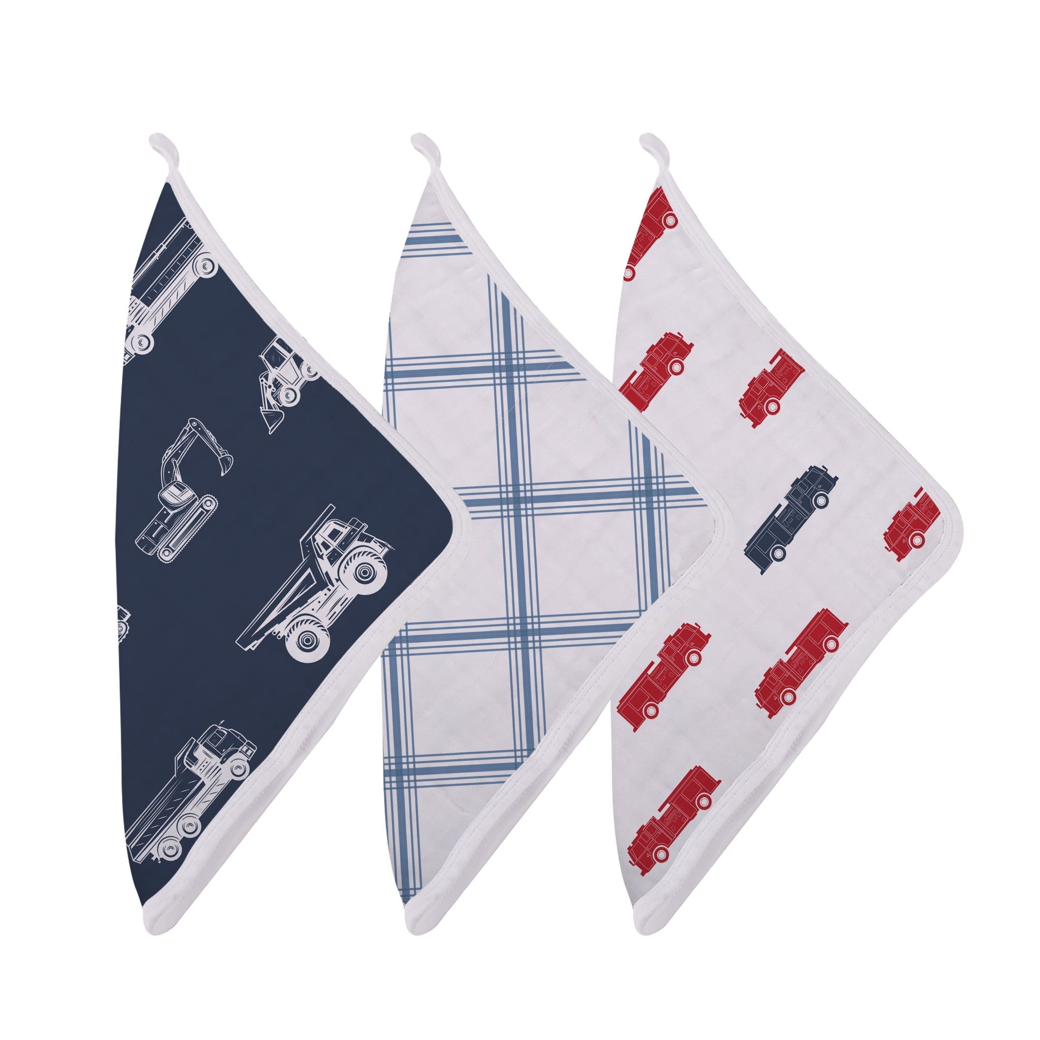 A colorful set of three plush cotton washcloths featuring fun vehicle prints, perfect for children's bath time.