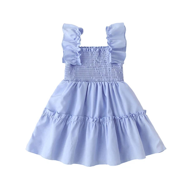 A stylish tiered smocked dress in blue with flutter sleeves, showcasing a playful silhouette perfect for girls.