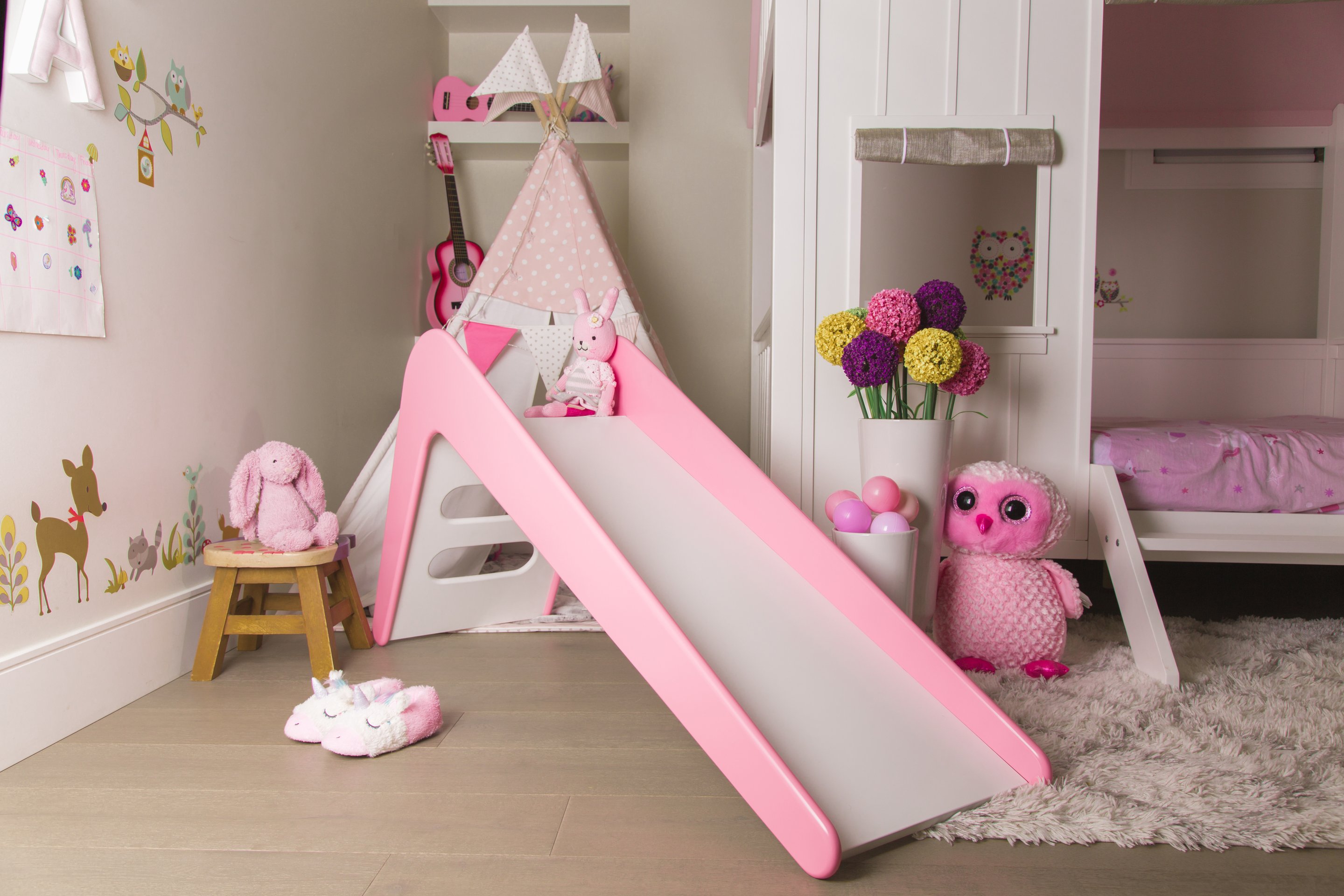 Timeless Pink Wooden Indoor Slide designed for children, featuring a sleek and modern design with child-friendly steps for safe climbing.