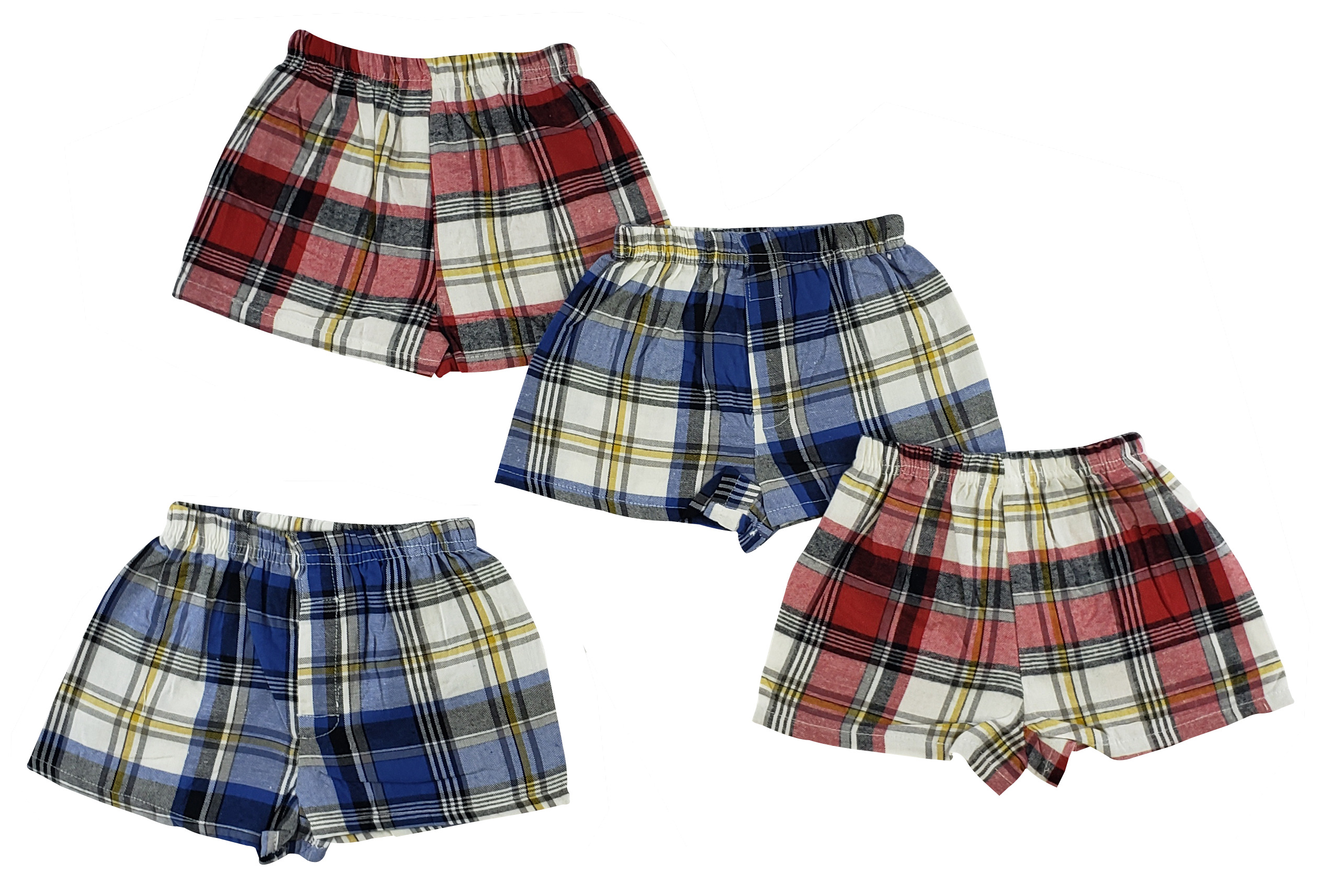 A colorful set of toddler boxer shorts in blue and red, designed for boys aged 0-4T, featuring a soft and breathable fabric.